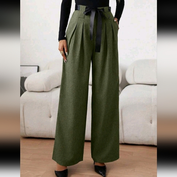 Women's Casual Colorblock Waist Band Pleated Wide-Leg Loose Pants,Autumn - Picture 5 of 5